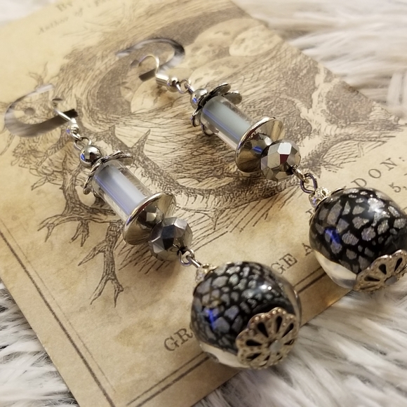 Hand Crafted Jewelry - Black White Silver dangle earrings